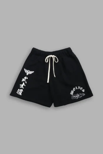 OKAMI WOLF OVERSIZED POST LOUNGE SWEAT SHORTS IN BLACK